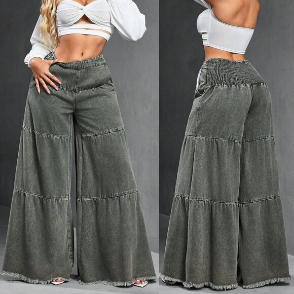 Denim - Army Green Women's Loose Boyfriend Style Distressed Hem Patchwork Denim Jeans